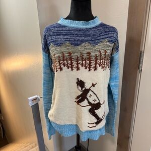 Vintage Knit Ski Sweater Mock Neck Blue‎ White Alps Skiing Winter Art to Wear M